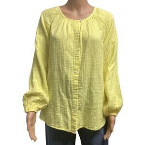 Gap Cotton Crinkle Gauze Knit scoop neck button-front Shirt size M yellow